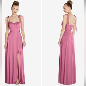 Dessy Group Thread Tie Shoulder A-Line Front Slit Pink Maxi Dress NWOT Small